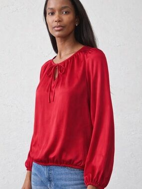 W By Wenjie Red Satin Blouse Size Medium Tie Neck Balloon Sleeve Silk Feel Top